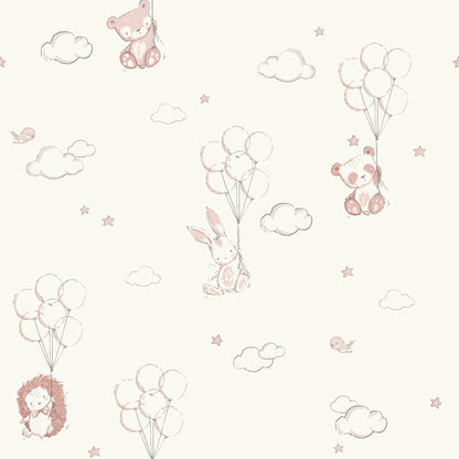 Pastel pink line-drawn nursery pattern with bears, bunny, hedgehog, clouds, stars and balloon clusters on cream background.