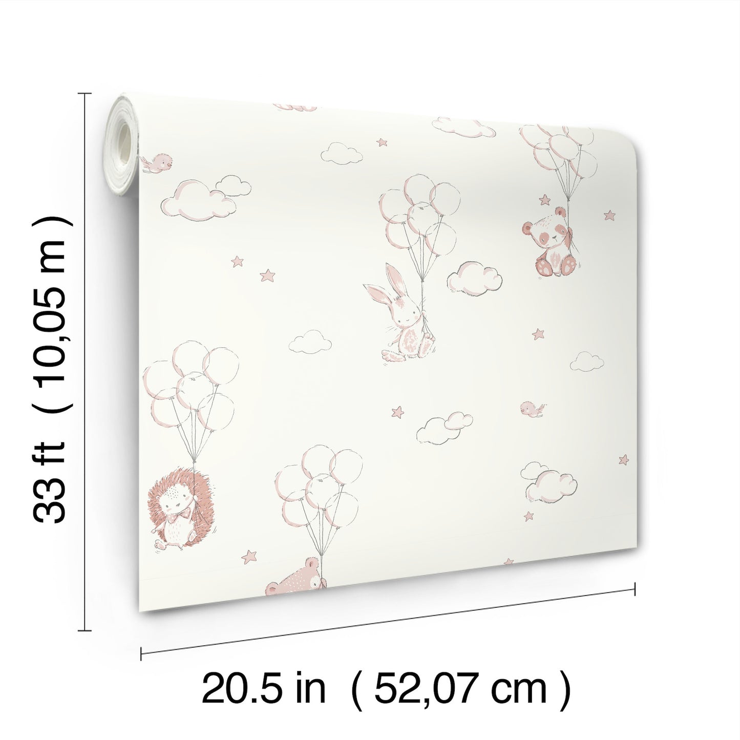 Pink wallpaper roll 20.5 in x 33 ft with floating pink balloons, clouds and cute animals; pastel nursery decor.