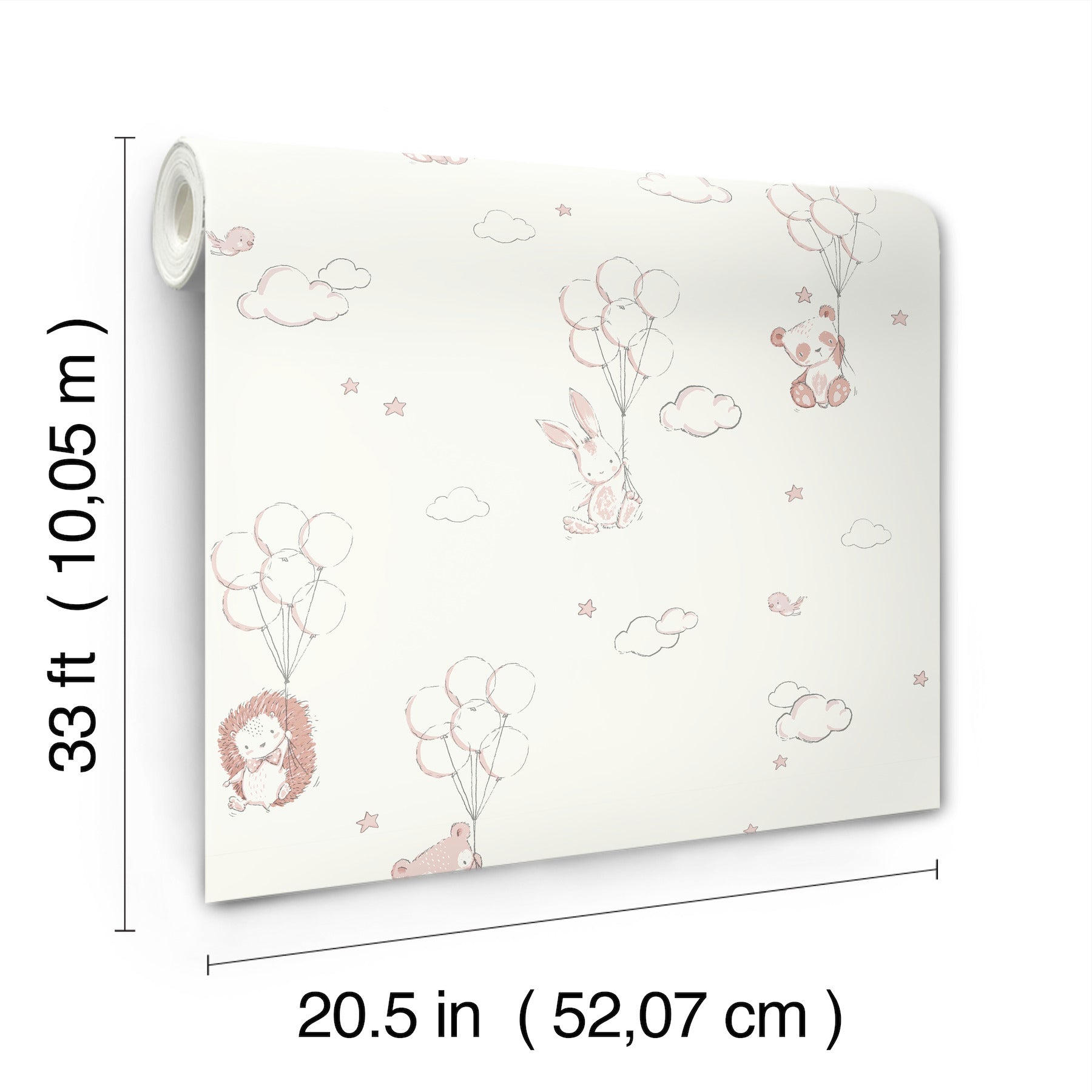 Pink wallpaper roll 20.5 in x 33 ft with floating pink balloons, clouds and cute animals; pastel nursery decor.