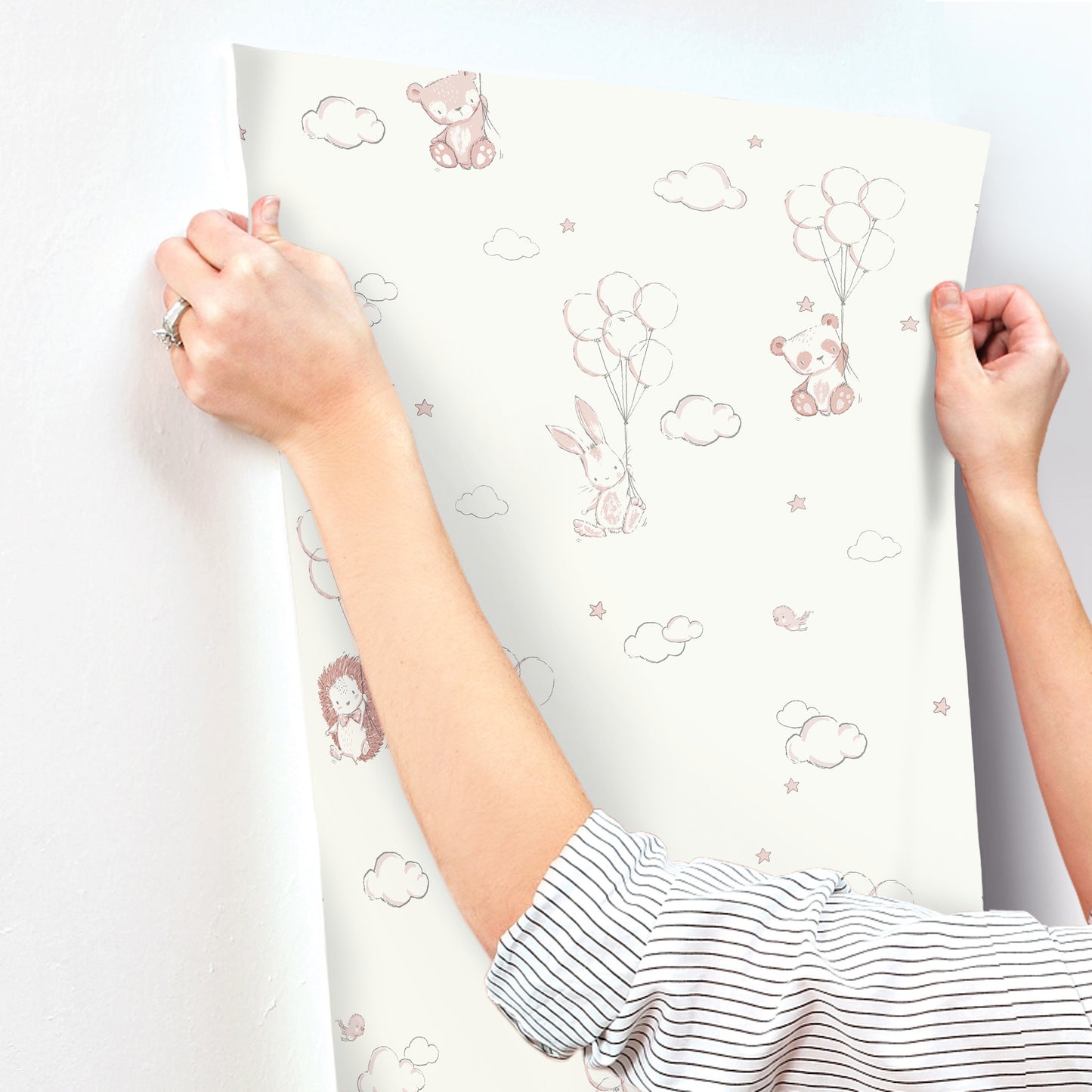 Pastel cartoon wallpaper sheet with bears, bunnies, balloons and clouds; light pink/gray motifs.