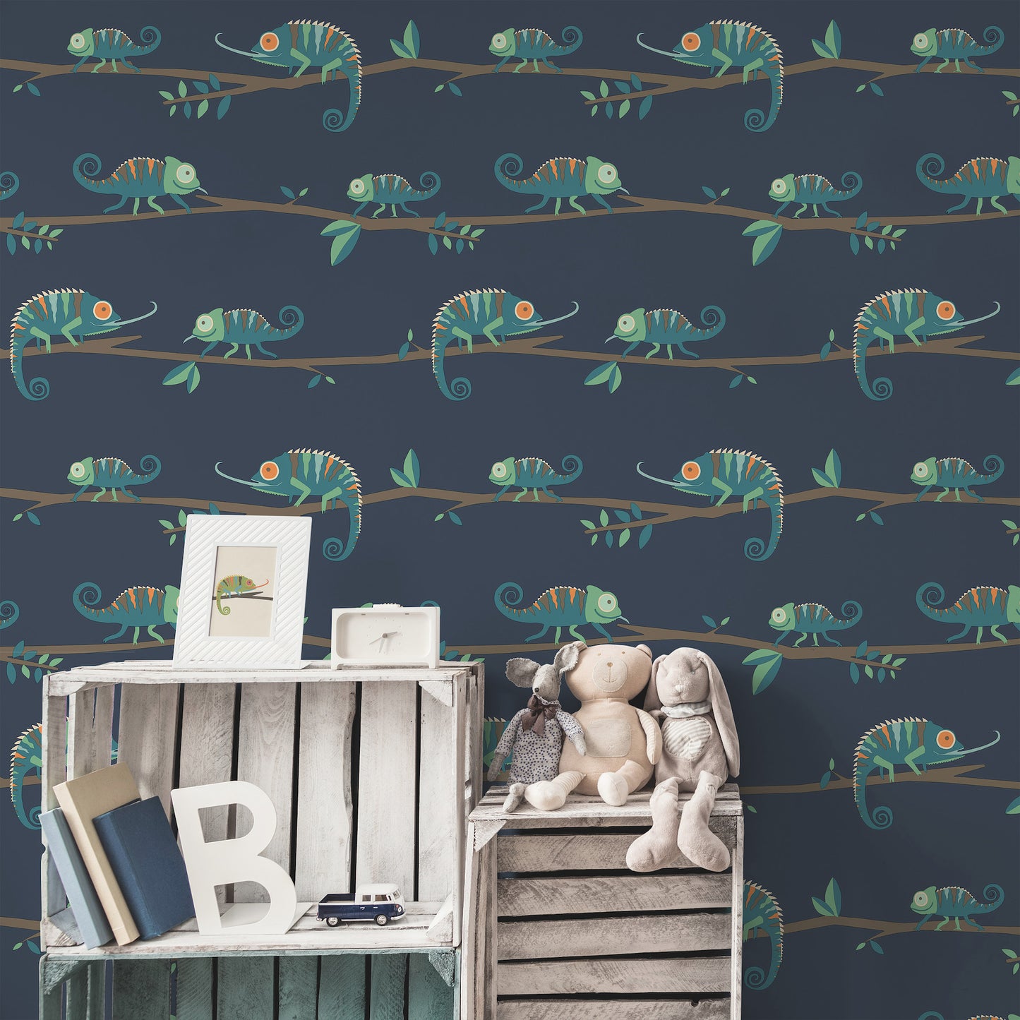 York Wallcoverings Advantage Chameleon Family Navy Canopy Stroll Wallpaper Animals Kids Navy  Wallpaper - 4203-27560