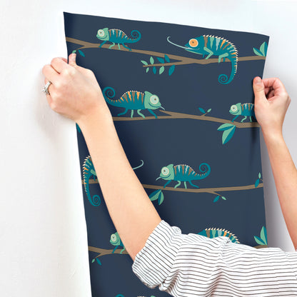 York Wallcoverings Advantage Chameleon Family Navy Canopy Stroll Wallpaper Animals Kids Navy  Wallpaper - 4203-27560