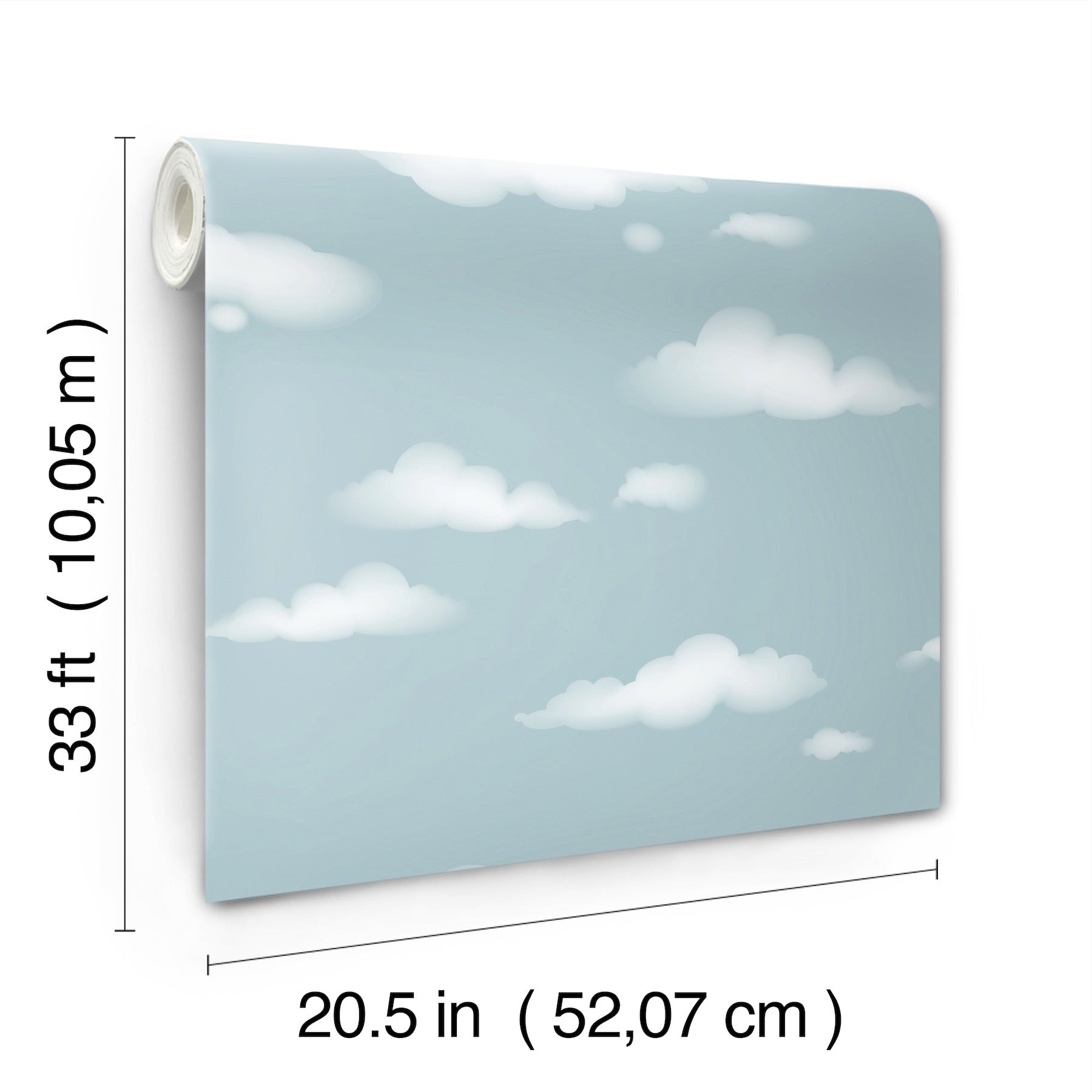 Rolled wallpaper featuring pale blue sky with white clouds; dimensions 20.5 in by 33 ft.