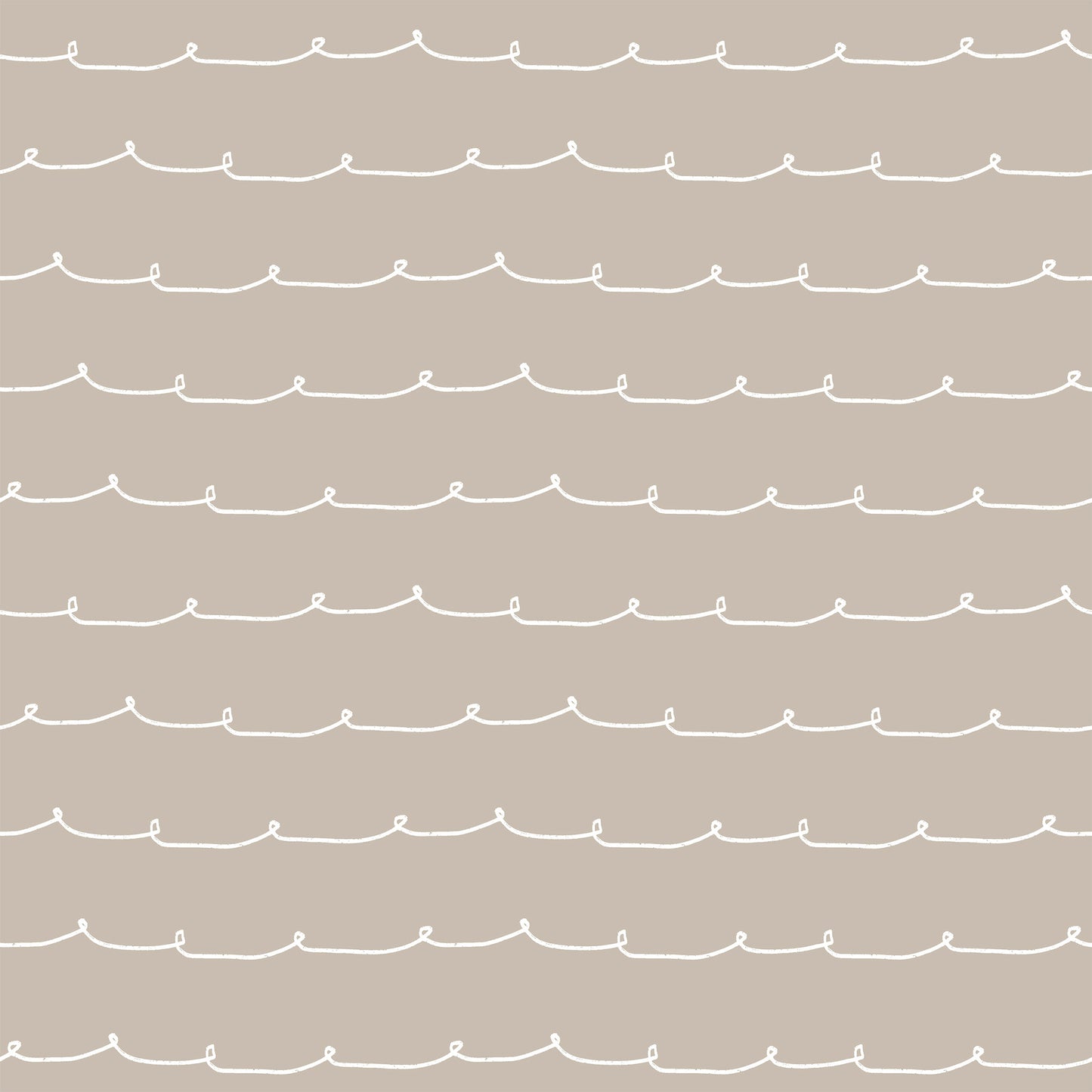 Taupe wallpaper with a white wavy line pattern in horizontal stripes.