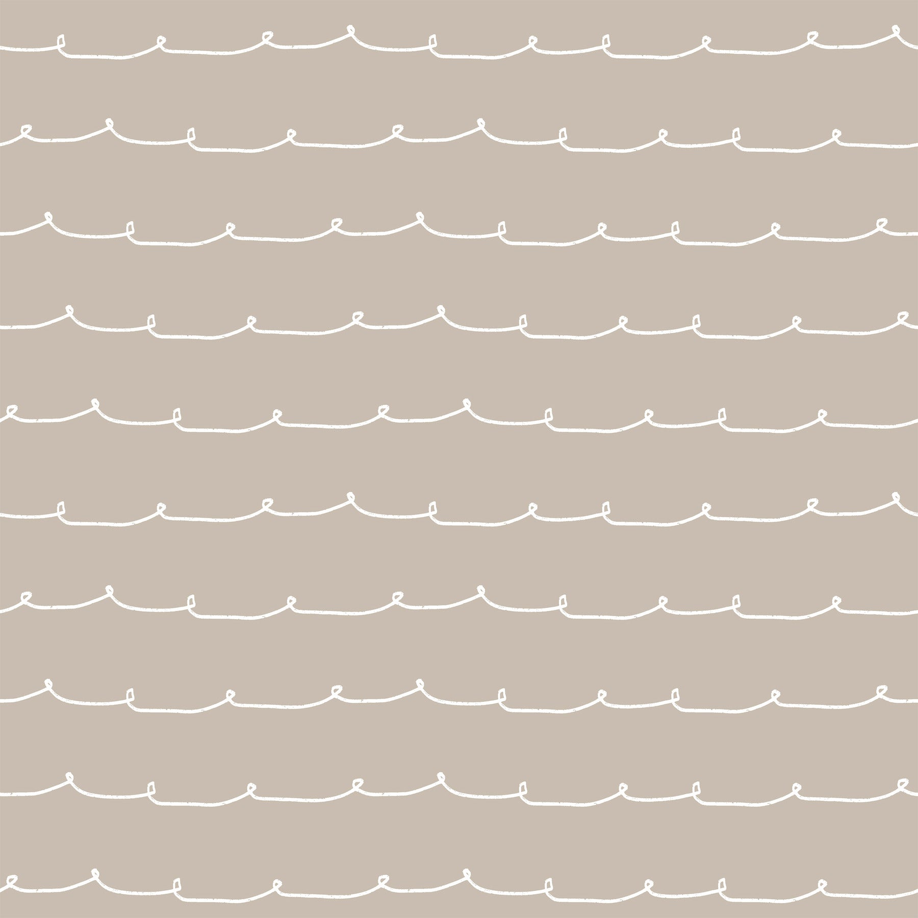 Taupe wallpaper with a white wavy line pattern in horizontal stripes.