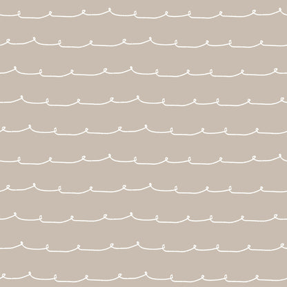 Taupe wallpaper with a white wavy line pattern in horizontal stripes.