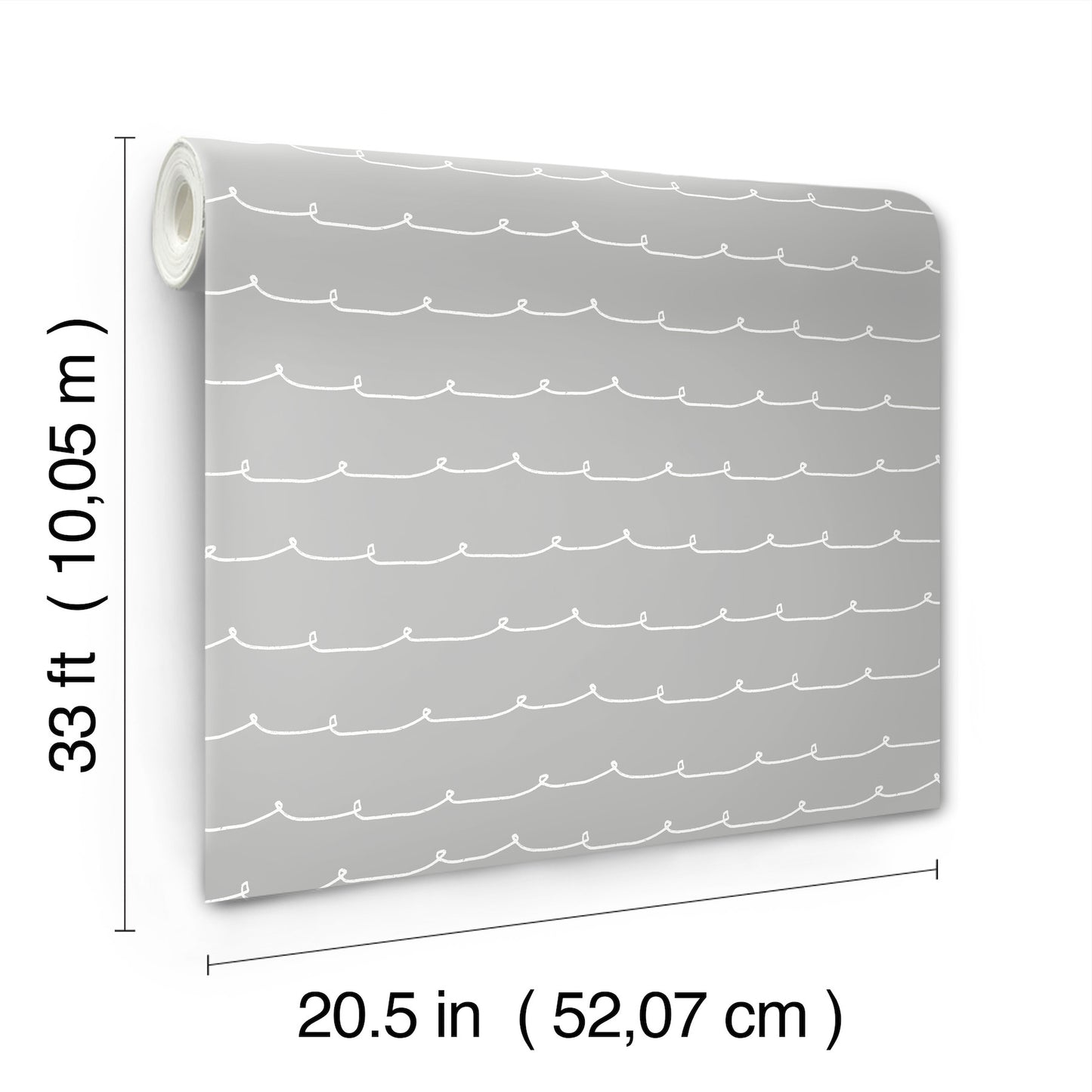 Gray wallpaper roll with wiggle line grey stripe pattern; rolled edge, 33 ft long x 20.5 in wide