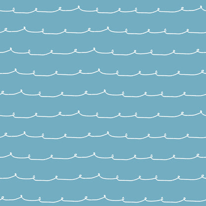 Blue wallpaper with a seamless white wiggle-line pattern in a hand-drawn style.