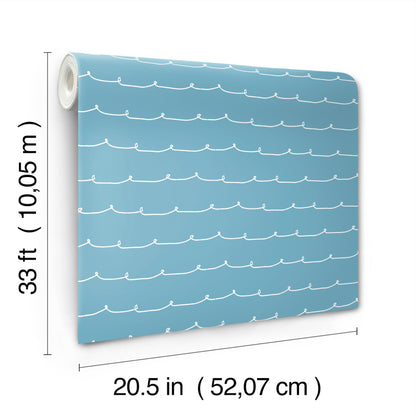 Blue wallpaper roll with white wavy-line pattern, vinyl finish, 52 cm wide and 10 m long.
