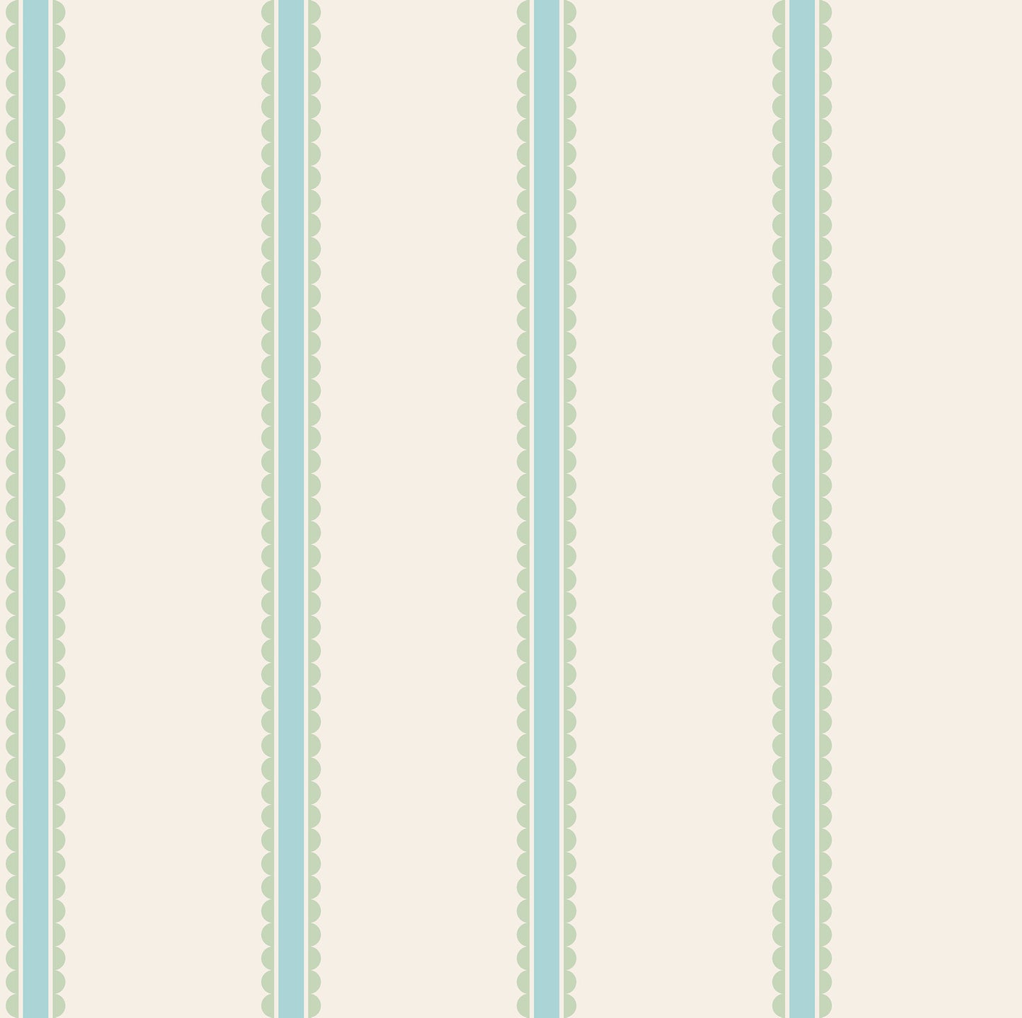 Cream wallpaper with vertical teal stripe bordered by pale green scallops, repeated pattern.