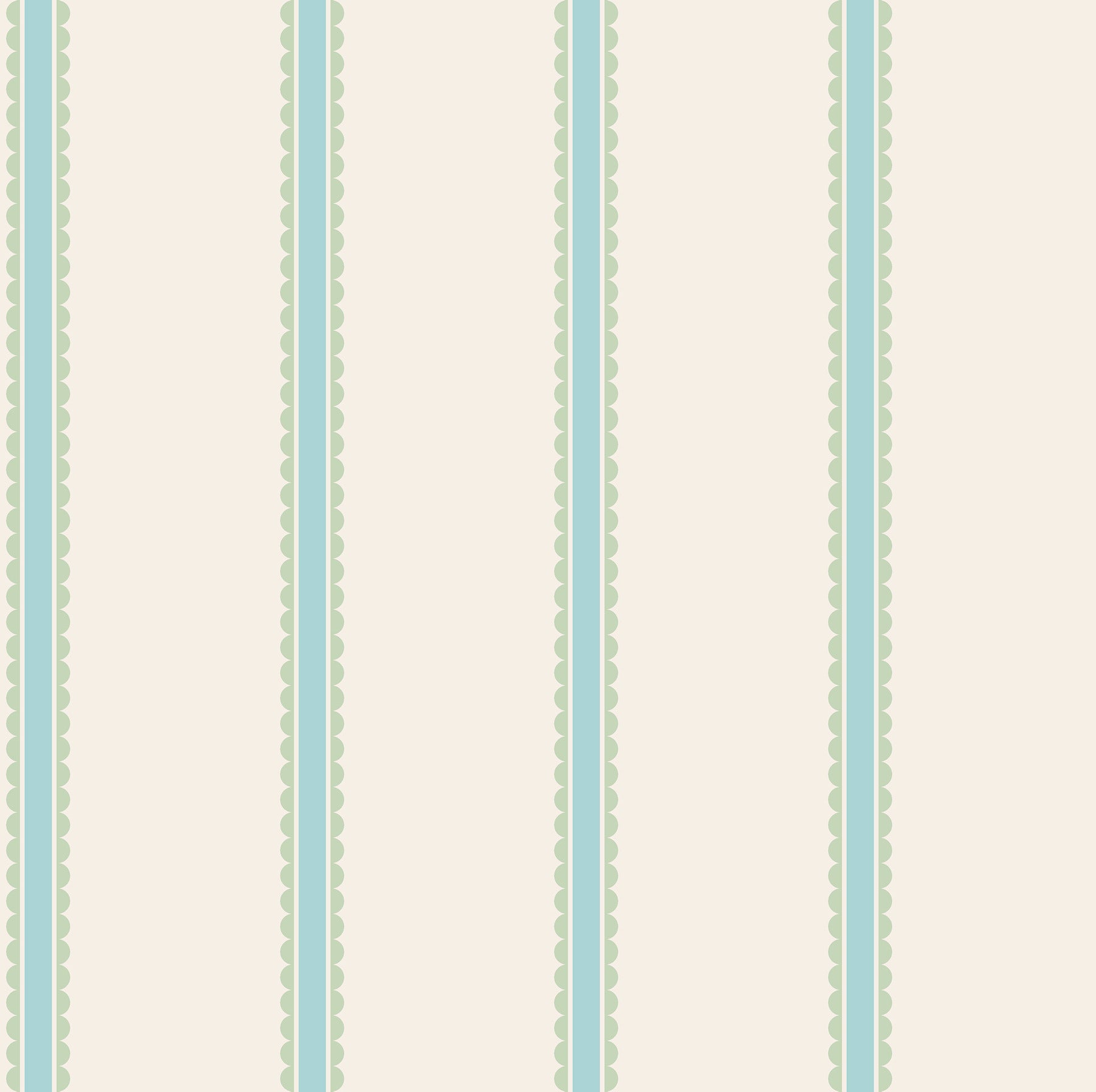 Cream wallpaper with vertical teal stripe bordered by pale green scallops, repeated pattern.