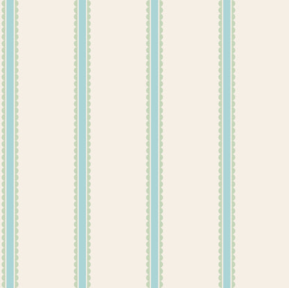 Cream wallpaper with vertical teal stripe bordered by pale green scallops, repeated pattern.