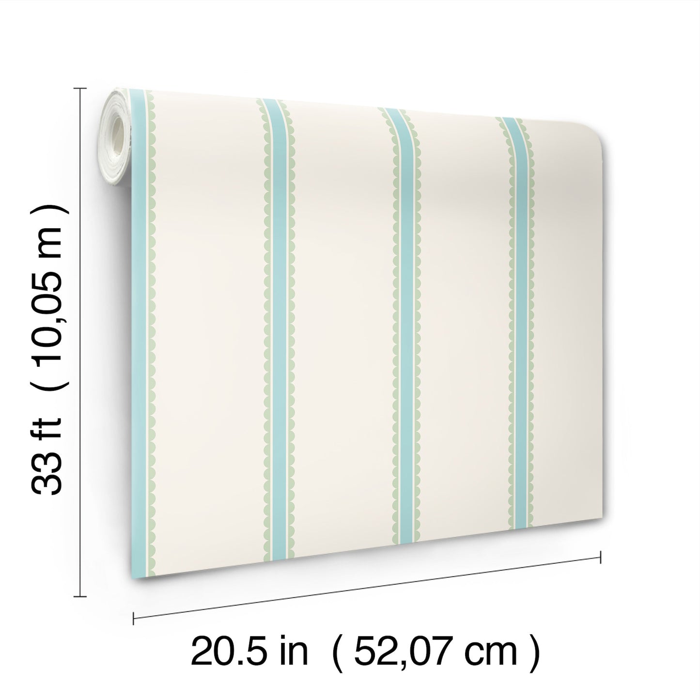Cream wallpaper with mint-teal vertical stripes and dotted borders; decorative wall-covering roll.