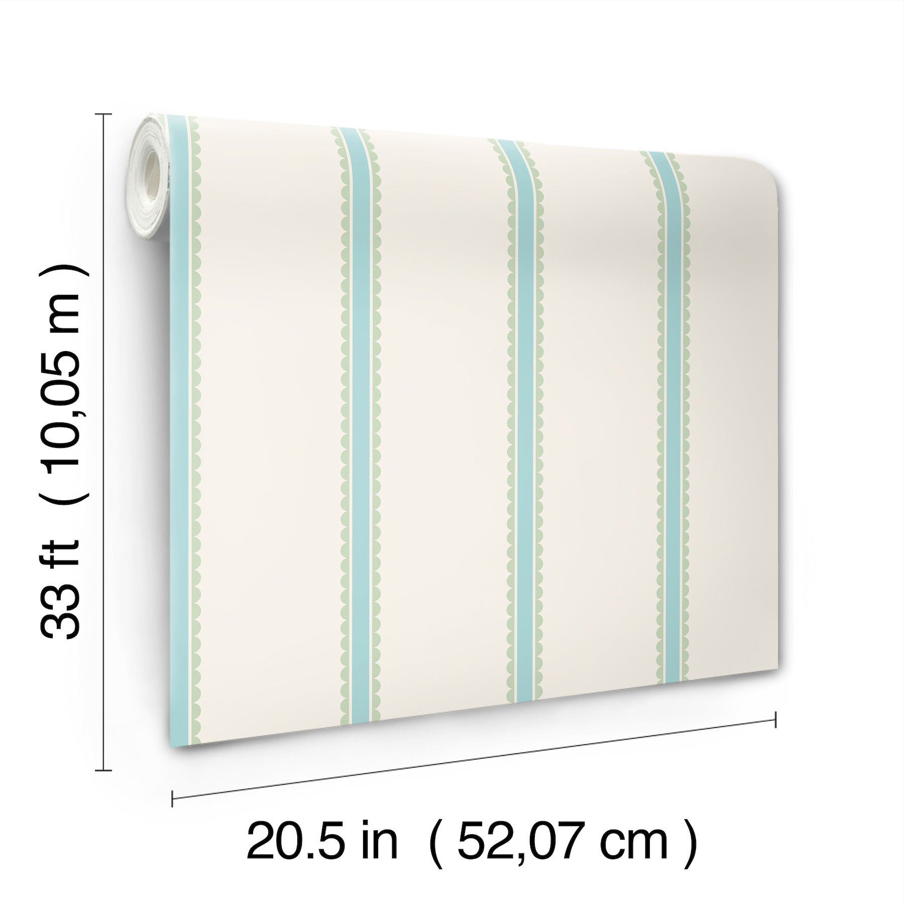 Cream wallpaper with mint-teal vertical stripes and dotted borders; decorative wall-covering roll.