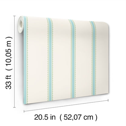Cream wallpaper with mint-teal vertical stripes and dotted borders; decorative wall-covering roll.