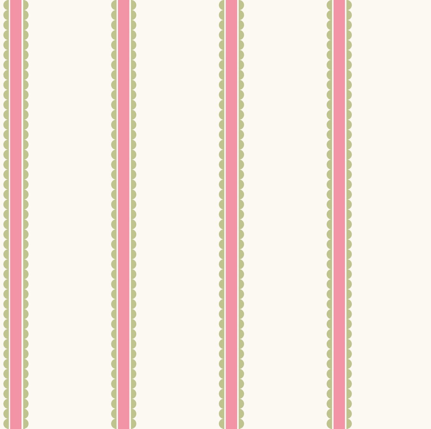 Fuchsia bobbin stripe wallpaper with scalloped borders in a repeating pattern.