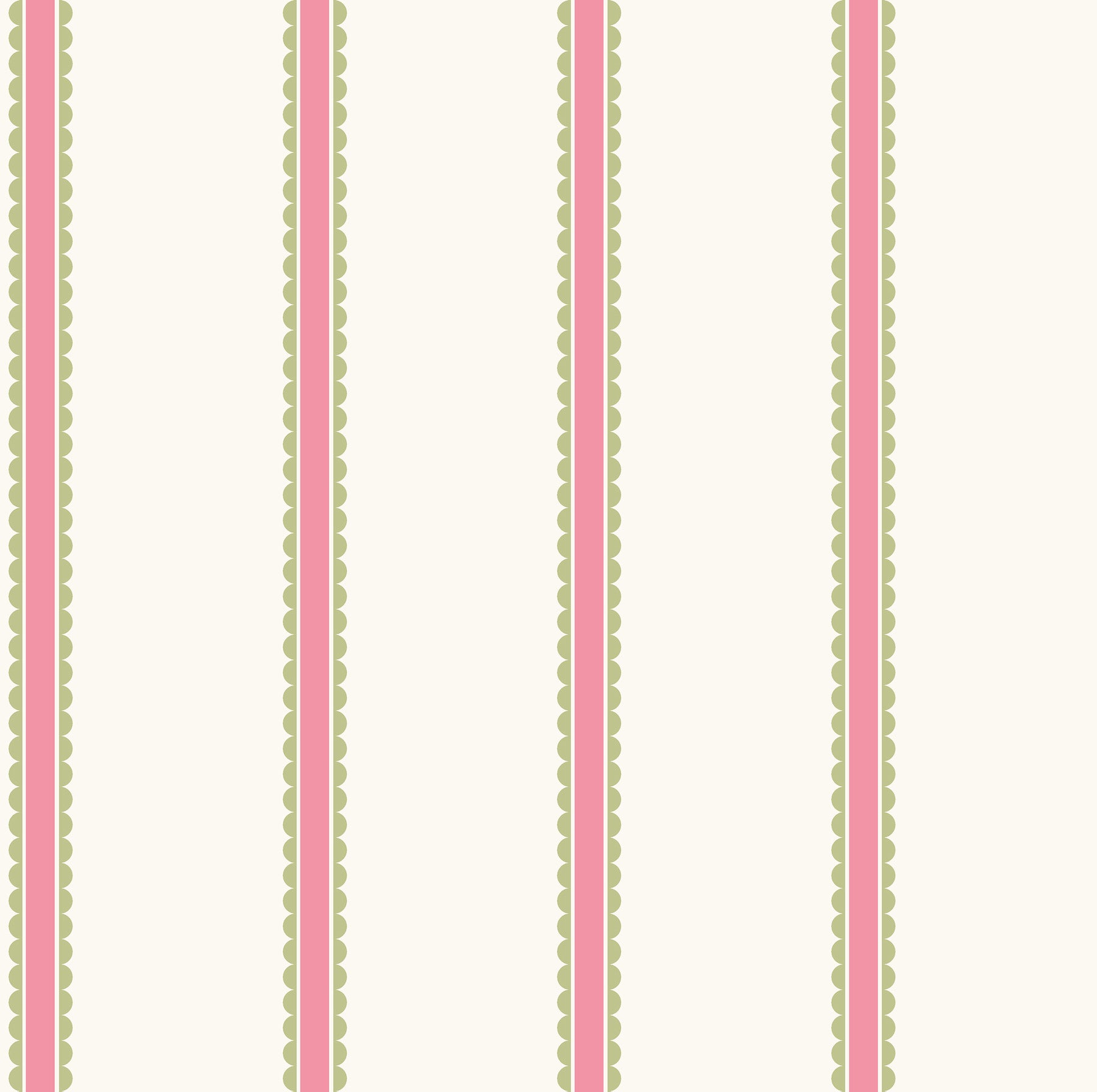 Fuchsia bobbin stripe wallpaper with scalloped borders in a repeating pattern.