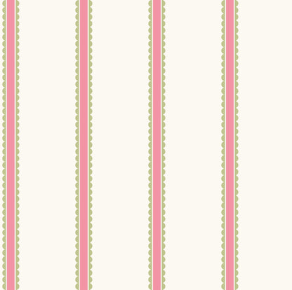 Fuchsia bobbin stripe wallpaper with scalloped borders in a repeating pattern.