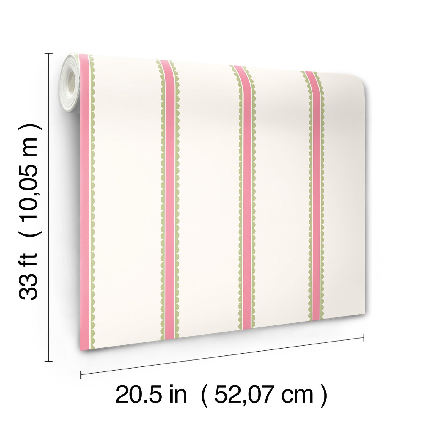 Fuchsia striped wallpaper with scalloped trim, roll 20.5 in wide by 33 ft long
