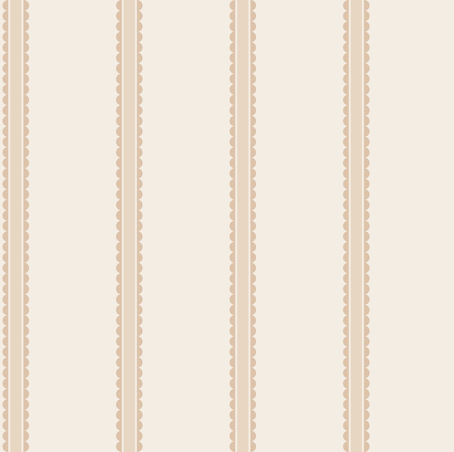 Beige wallpaper with vertical tan-brown stripes and repeating scalloped edge trim.