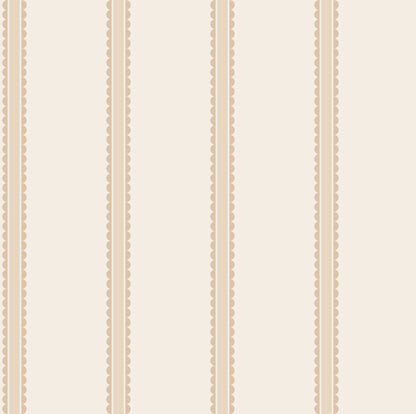 Beige wallpaper with vertical tan-brown stripes and repeating scalloped edge trim.