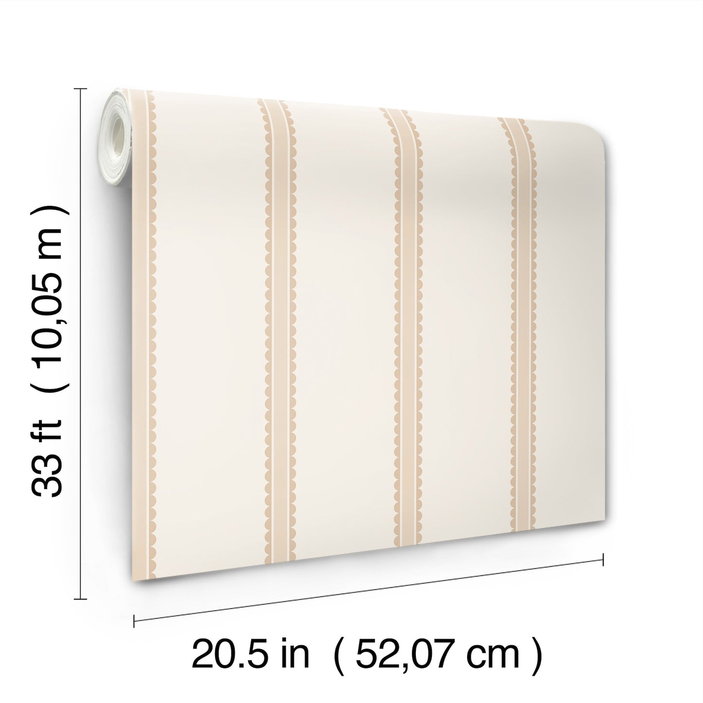 Beige wallpaper roll with cream background and tan vertical stripes with decorative dotted trim; 20.5 in x 33 ft