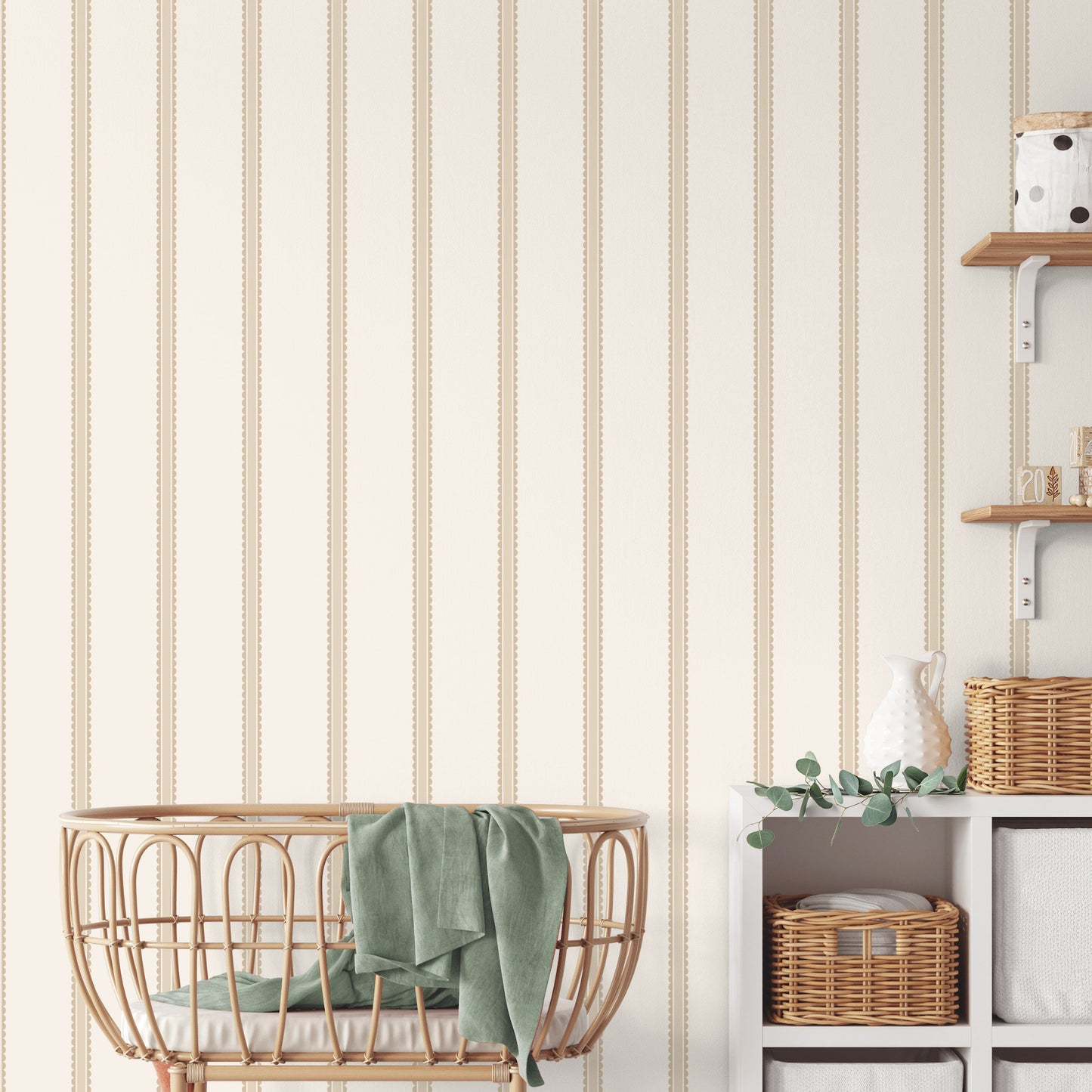 Whimsical light brown bobbin stripe wallpaper with scalloped graphics on a wall.