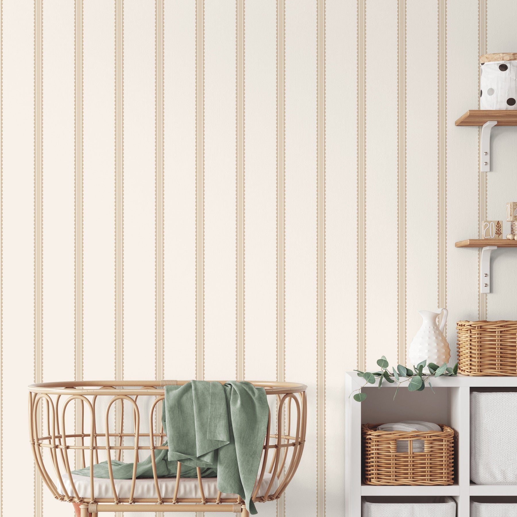 Whimsical light brown bobbin stripe wallpaper with scalloped graphics on a wall.