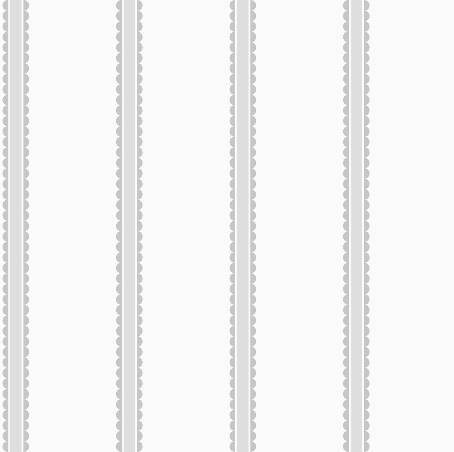 Five vertical grey scalloped-border stripes on white; decorative wallpaper pattern.