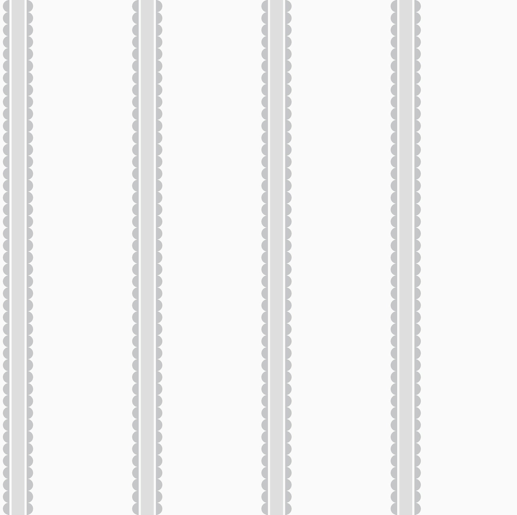 Five vertical grey scalloped-border stripes on white; decorative wallpaper pattern.