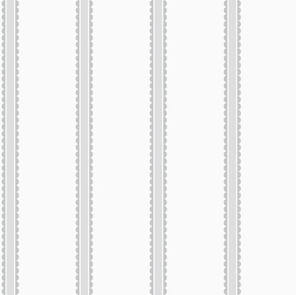Five vertical grey scalloped-border stripes on white; decorative wallpaper pattern.