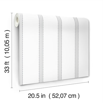 White wallpaper sample with vertical embossed stripes; roll on left, 20.5 in wide by 33 ft long.