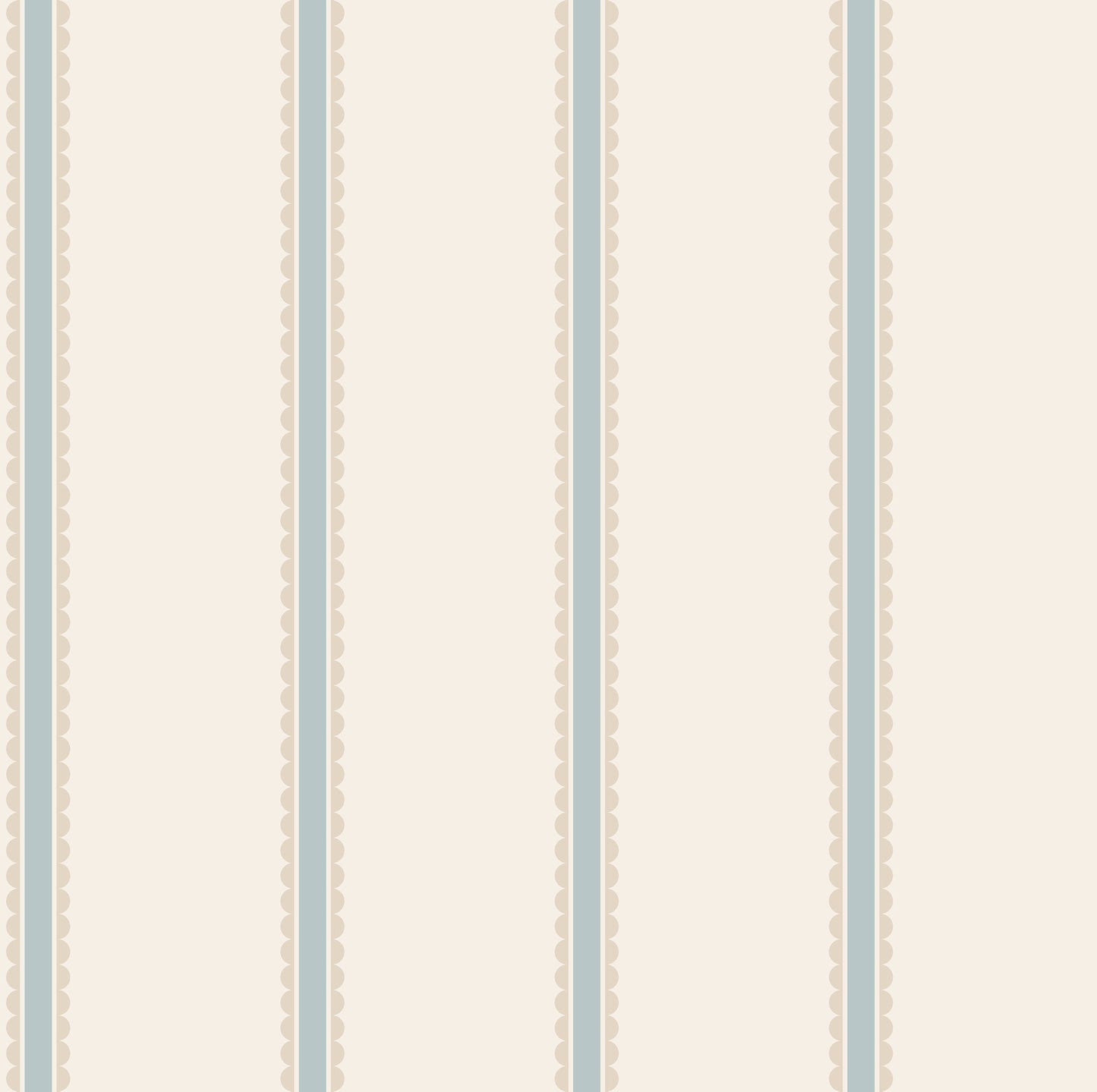 Light blue wallpaper with bobbin stripe and scalloped edges, repeating whimsical pattern.