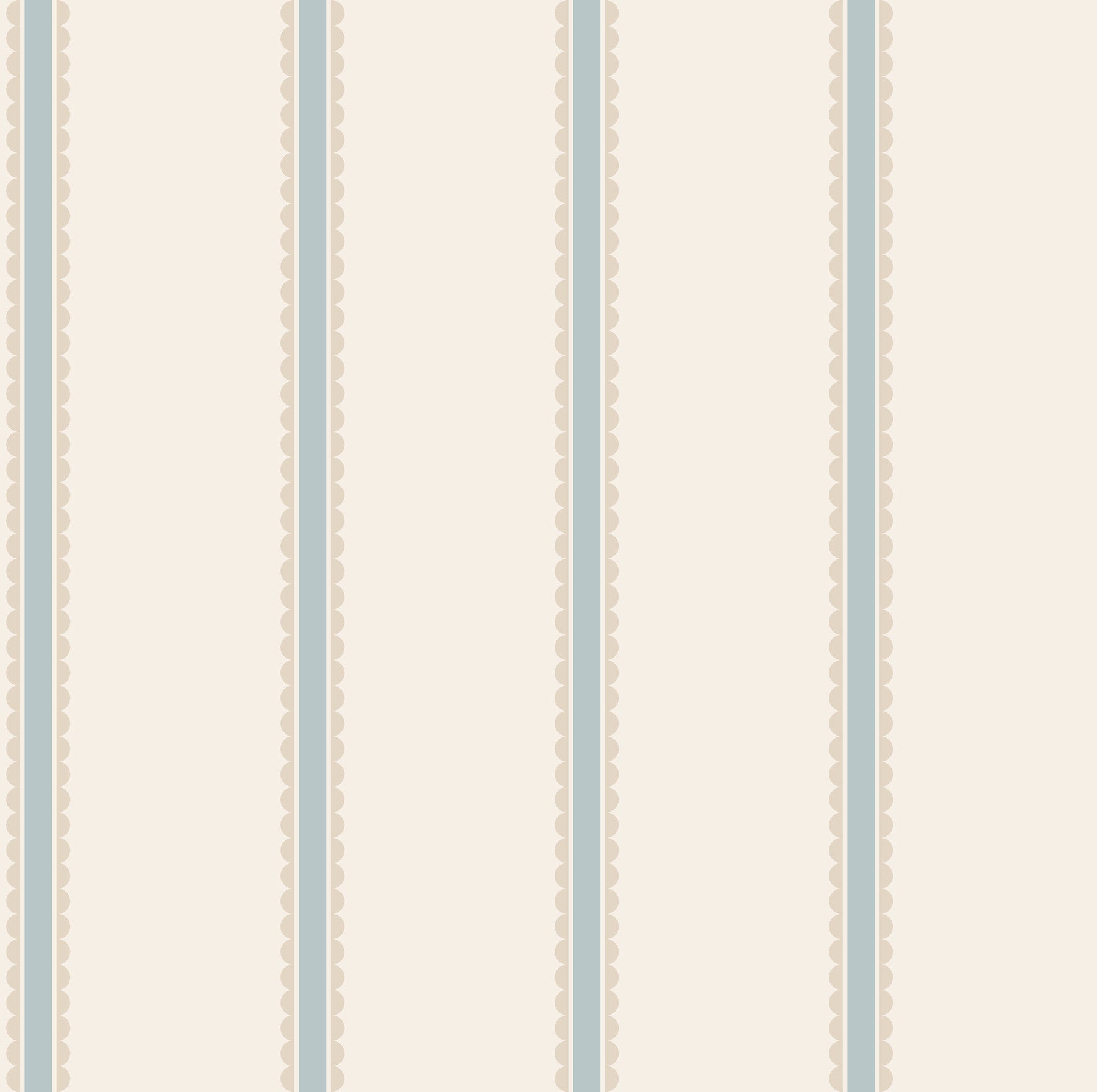 Light blue wallpaper with bobbin stripe and scalloped edges, repeating whimsical pattern.
