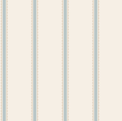 Light blue wallpaper with bobbin stripe and scalloped edges, repeating whimsical pattern.