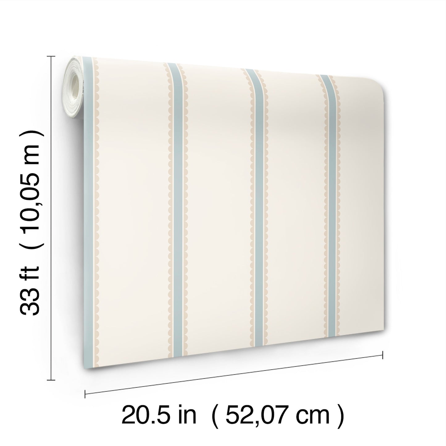 Light blue wallpaper with narrow vertical stripes and scalloped dotted trim; rolled sample laid flat for display.