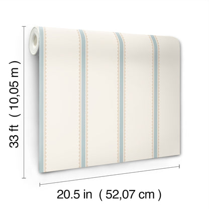 Light blue wallpaper with narrow vertical stripes and scalloped dotted trim; rolled sample laid flat for display.