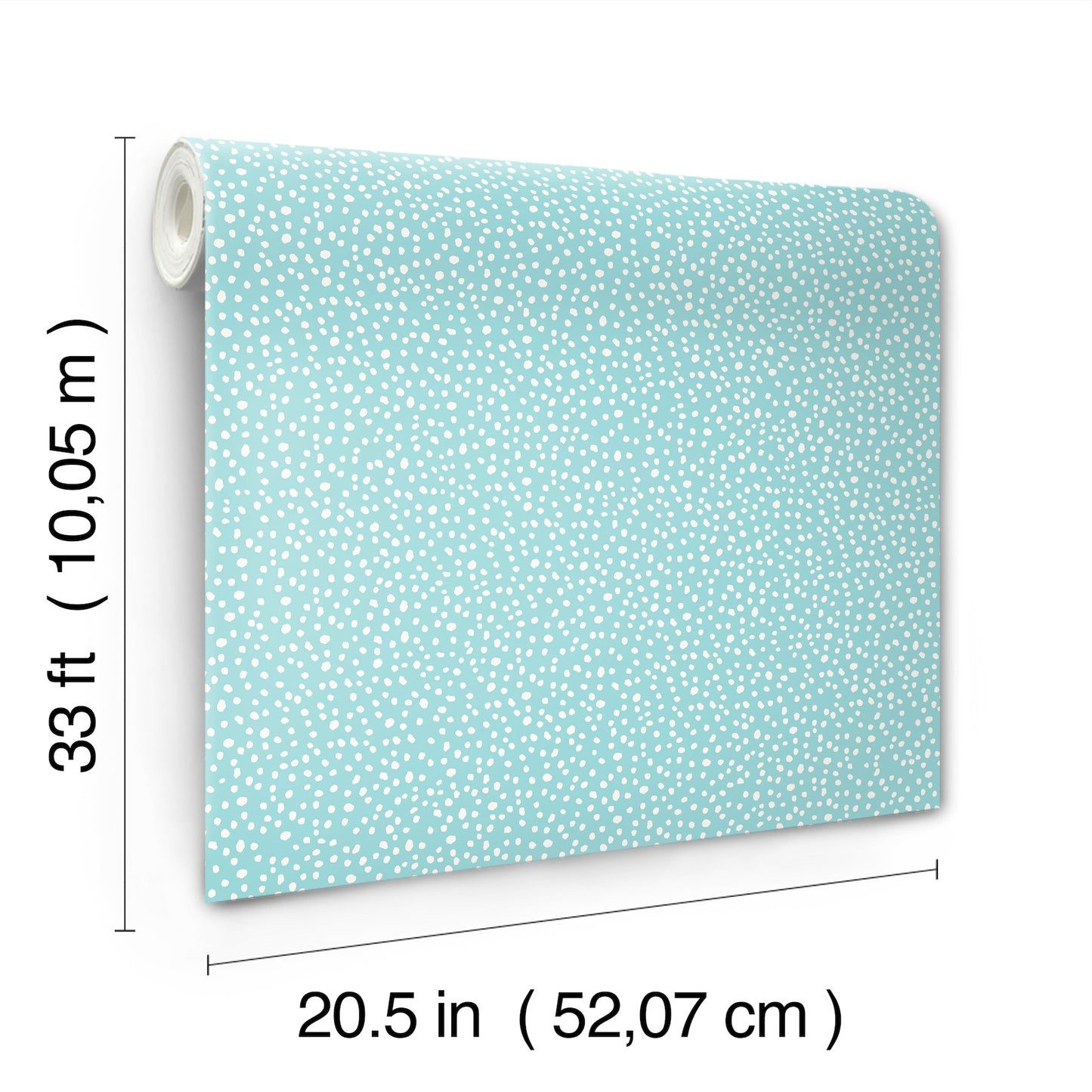 Teal wallpaper roll with tiny white speckle pattern, rolled on a core; 20.5 in wide by 33 ft long.