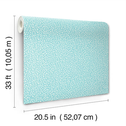 Teal wallpaper roll with tiny white speckle pattern, rolled on a core; 20.5 in wide by 33 ft long.