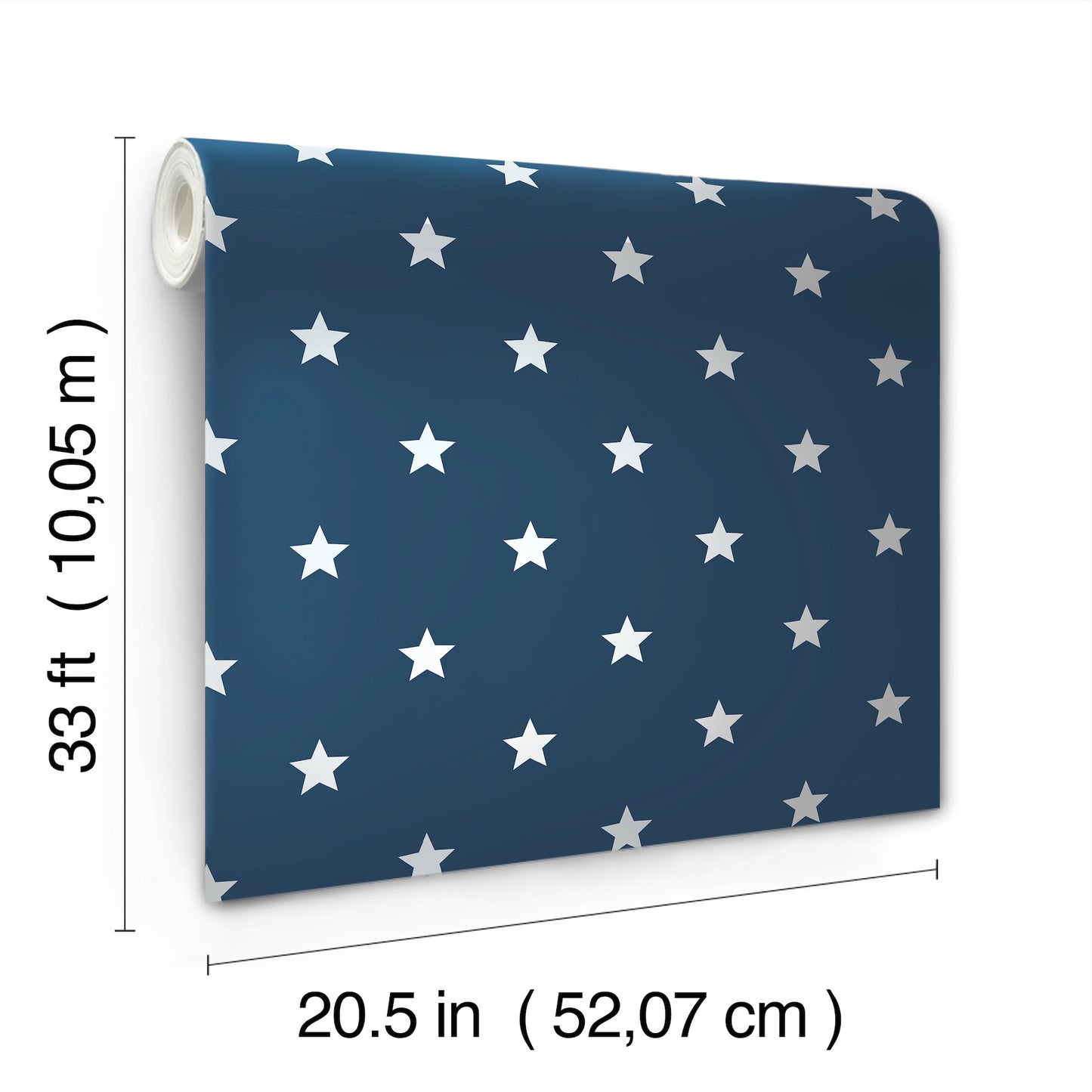 Roll of blue wallpaper with white star pattern, 20.5 in wide by 33 ft long.
