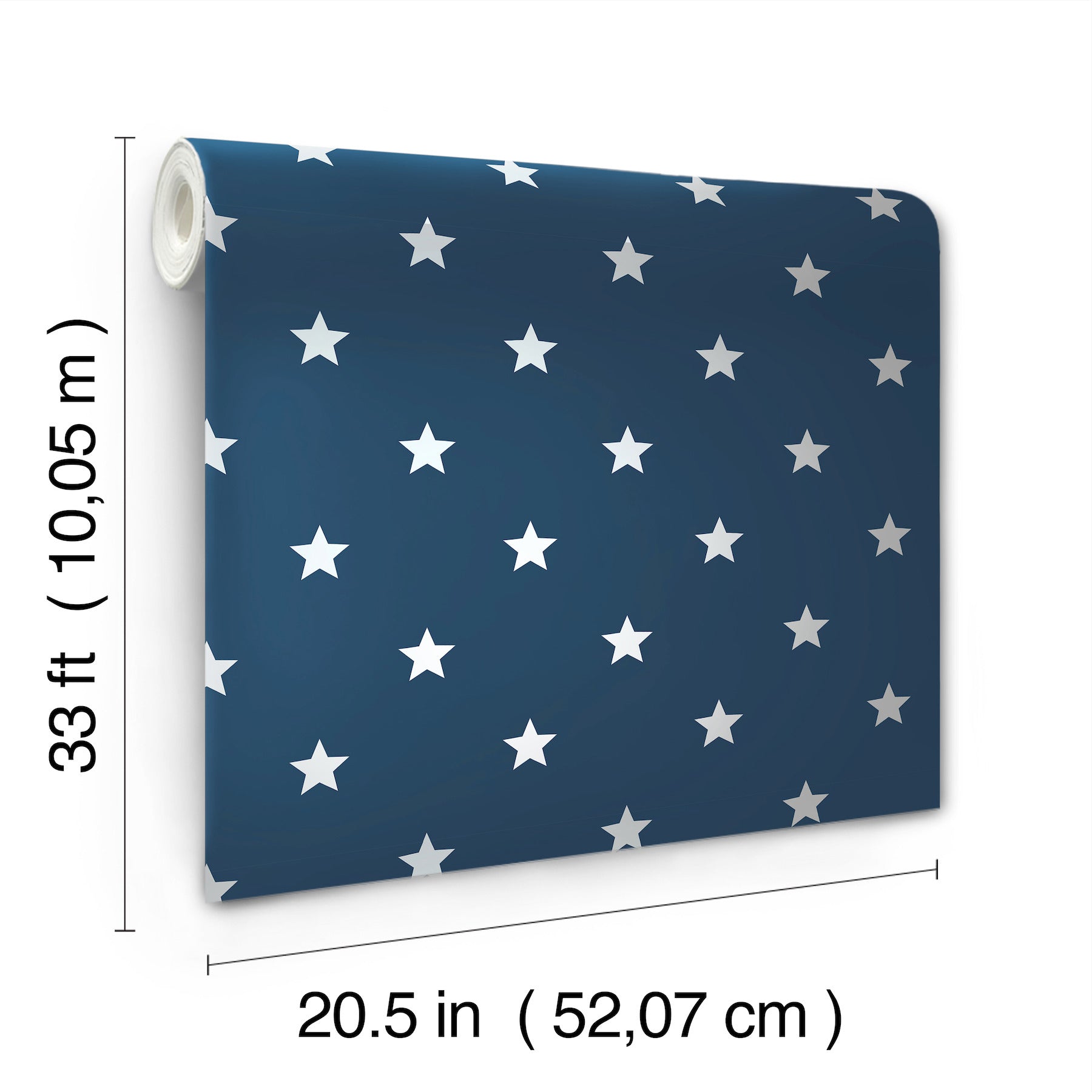 Roll of blue wallpaper with white star pattern, 20.5 in wide by 33 ft long.