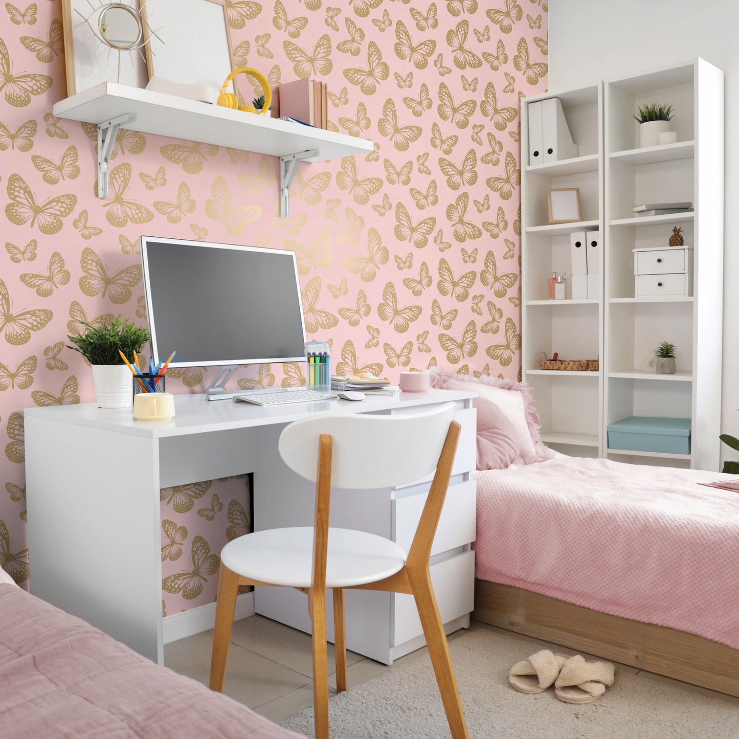 York Wallcoverings Advantage Metallic Butterflies Pink Whimsical Wallpaper Animals Modern Pink  Wallpaper - 4203-27586
