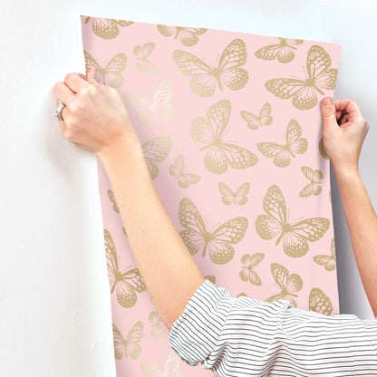 York Wallcoverings Advantage Metallic Butterflies Pink Whimsical Wallpaper Animals Modern Pink  Wallpaper - 4203-27586
