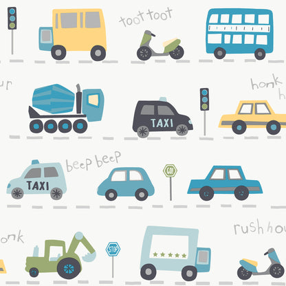 Pastel cartoon city street with yellow bus, blue double-decker, taxis, scooter, cement mixer, traffic lights, stop/go signs.