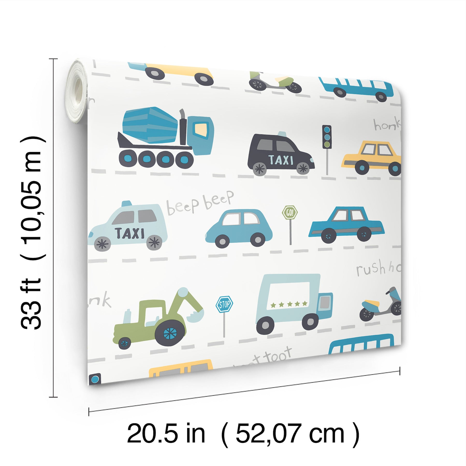 Rectangular white canvas wall art with whimsical city traffic motif: blue, teal, yellow cars, taxis, trucks and roads.