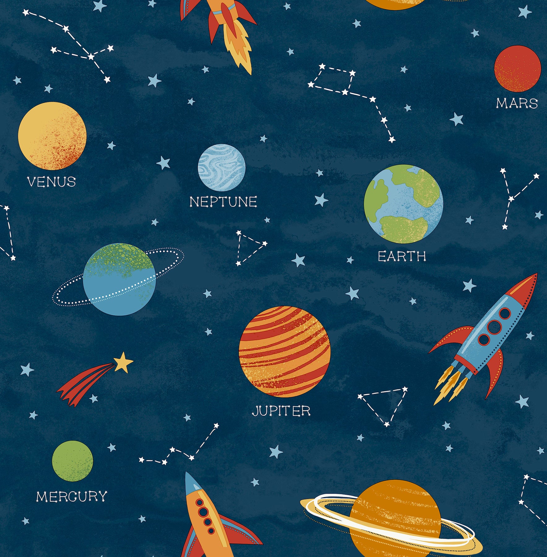 Dark blue space print with planets Earth, Neptune, Jupiter, Mars; rockets, stars & constellations.