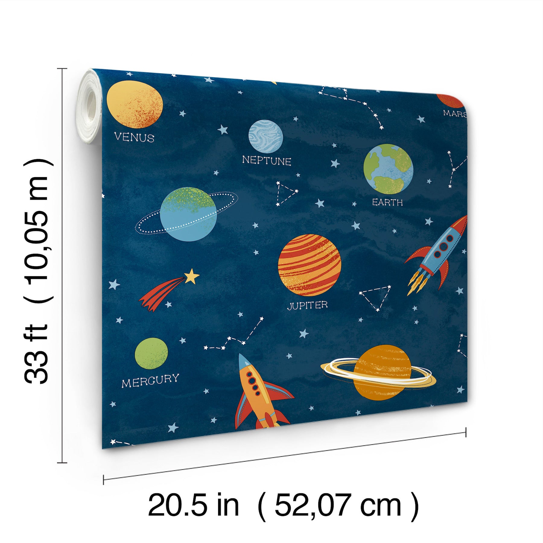 Space-themed wallpaper roll with planets, rockets and stars on a dark blue background; roll size 20.5 in by 33 ft.