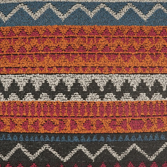 Woven fabric with blue and white zigzag borders and alternating orange, magenta and black geometric stripes.
