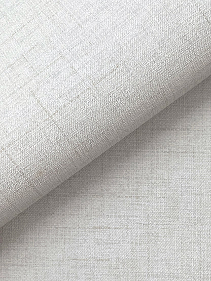 Off-white faux-fabric wallpaper with a subtle woven linen texture, rolled to show the weave.