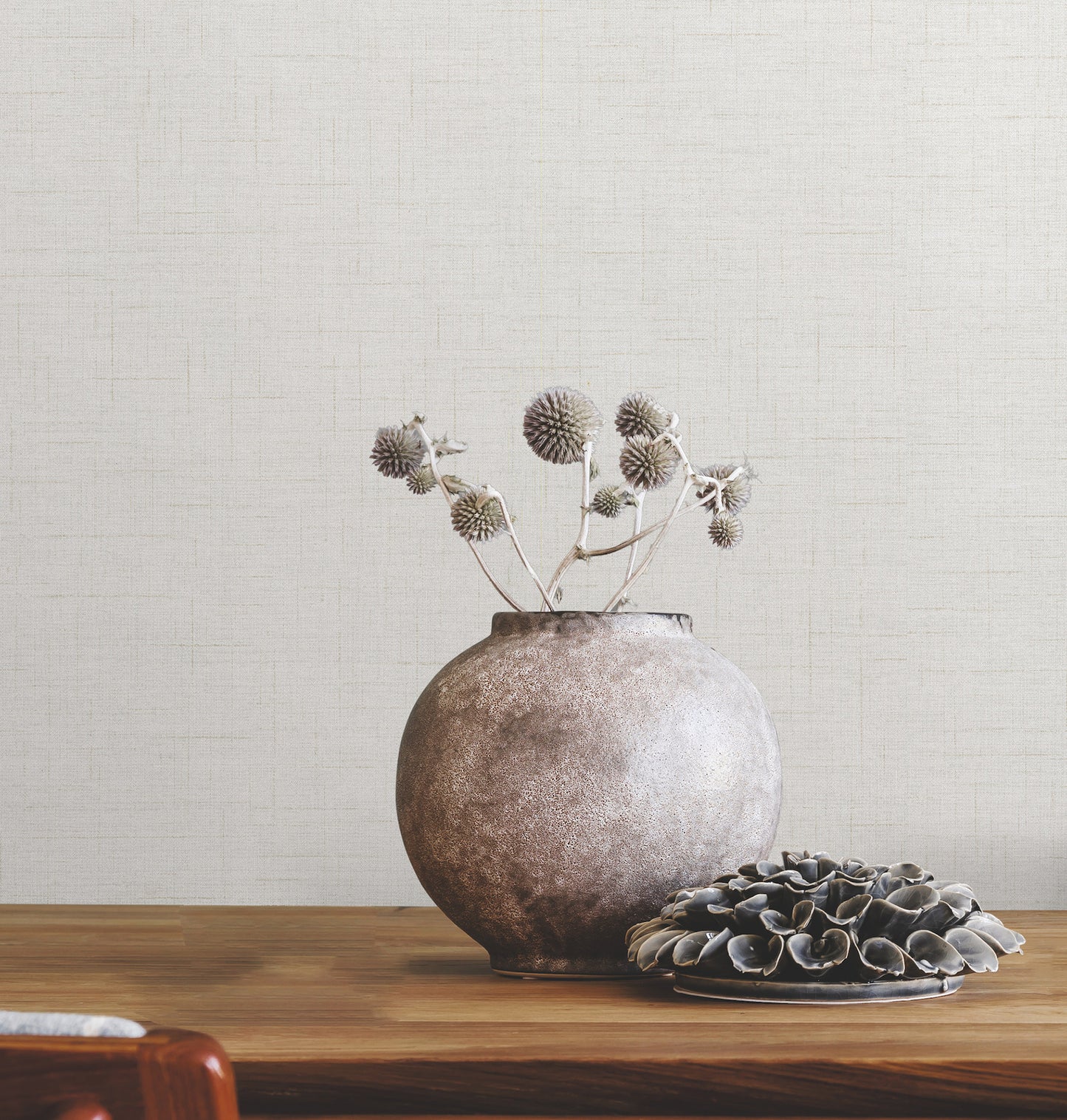Transitional off-white faux-fabric wallpaper with subtle texture.